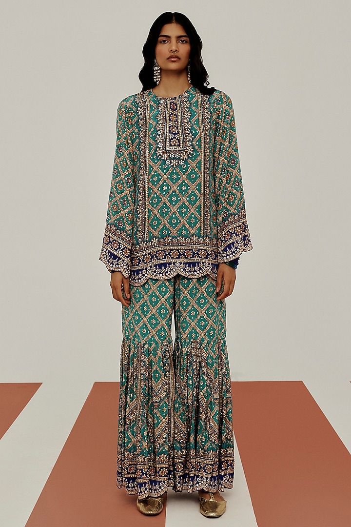 Blue Crepe Mirror Embroidered Party Wear Sharara Set by Basanti - Kapde aur Koffee at Pernia's Pop Up Shop