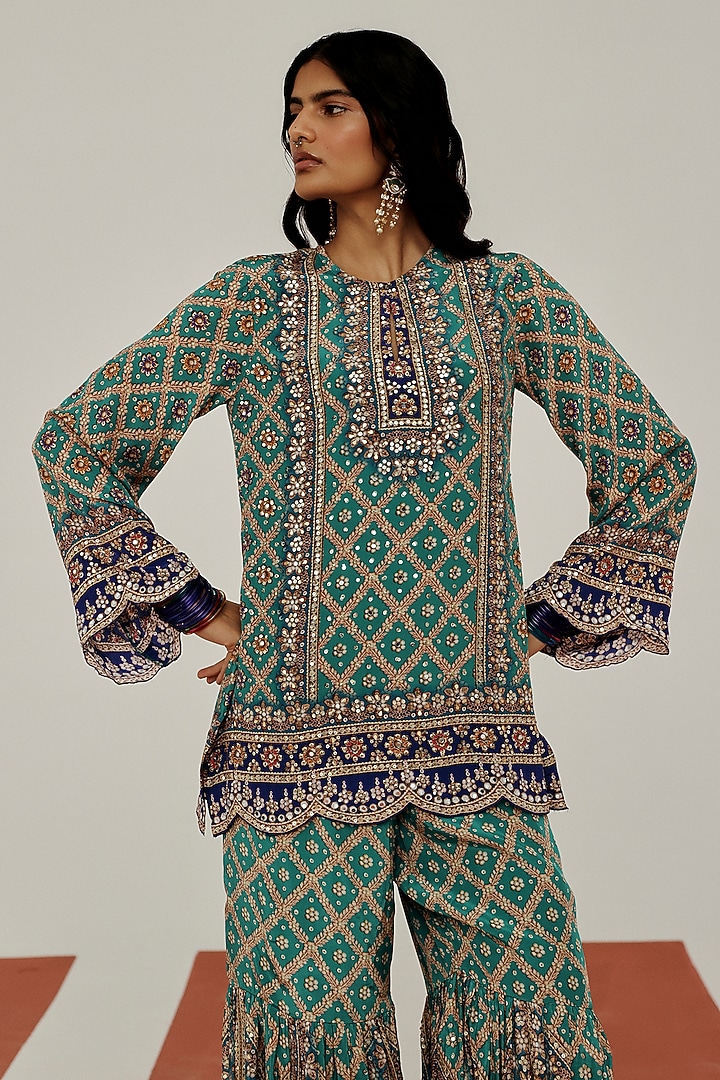 Blue Crepe Mirror Embroidered Party Wear Sharara Set by Basanti - Kapde aur Koffee at Pernia's Pop Up Shop