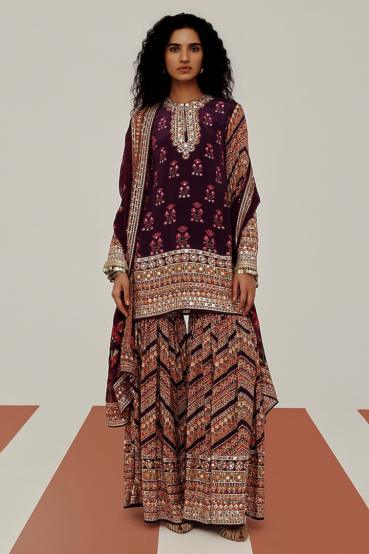 Purple Crepe Mirror Embroidered Party Wear Sharara Set by Basanti - Kapde aur Koffee at Pernia's Pop Up Shop