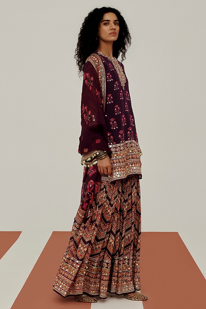 Purple Crepe Mirror Embroidered Party Wear Sharara Set by Basanti - Kapde aur Koffee at Pernia's Pop Up Shop