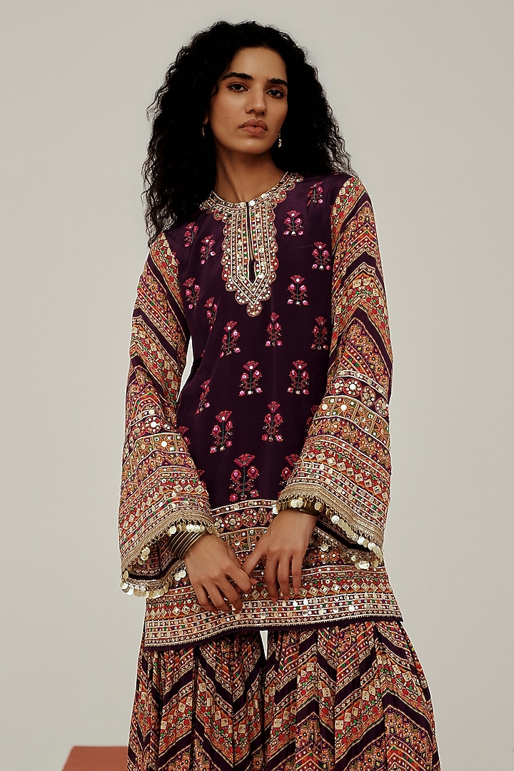 Purple Crepe Mirror Embroidered Party Wear Sharara Set by Basanti - Kapde aur Koffee at Pernia's Pop Up Shop