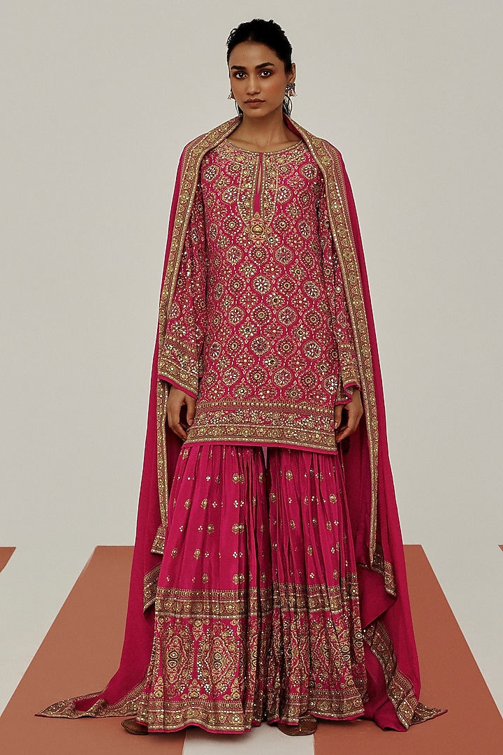 Pink Crepe Mirror Embroidered Party Wear Sharara Set by Basanti - Kapde aur Koffee at Pernia's Pop Up Shop