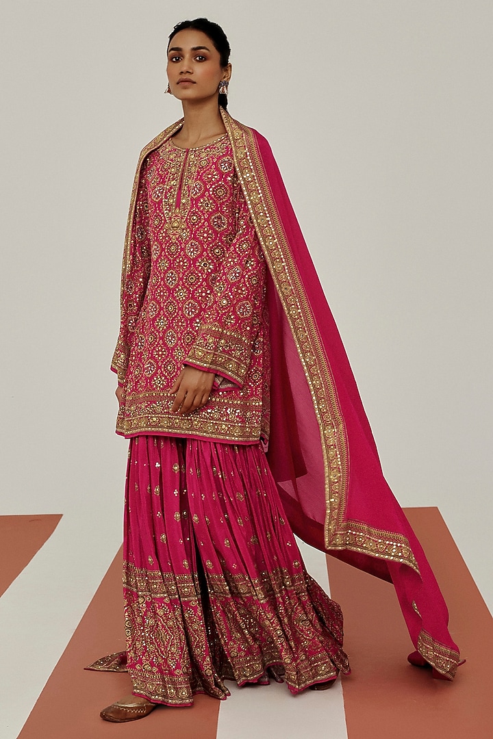 Pink Crepe Mirror Embroidered Party Wear Sharara Set by Basanti - Kapde aur Koffee at Pernia's Pop Up Shop