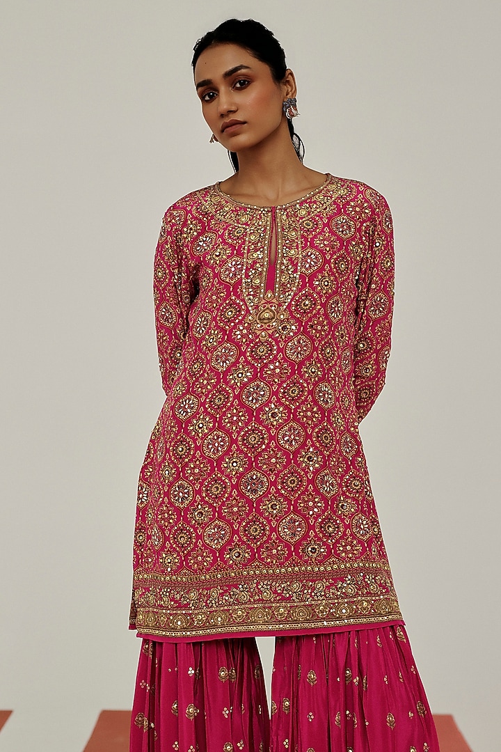 Pink Crepe Mirror Embroidered Party Wear Sharara Set by Basanti - Kapde aur Koffee at Pernia's Pop Up Shop
