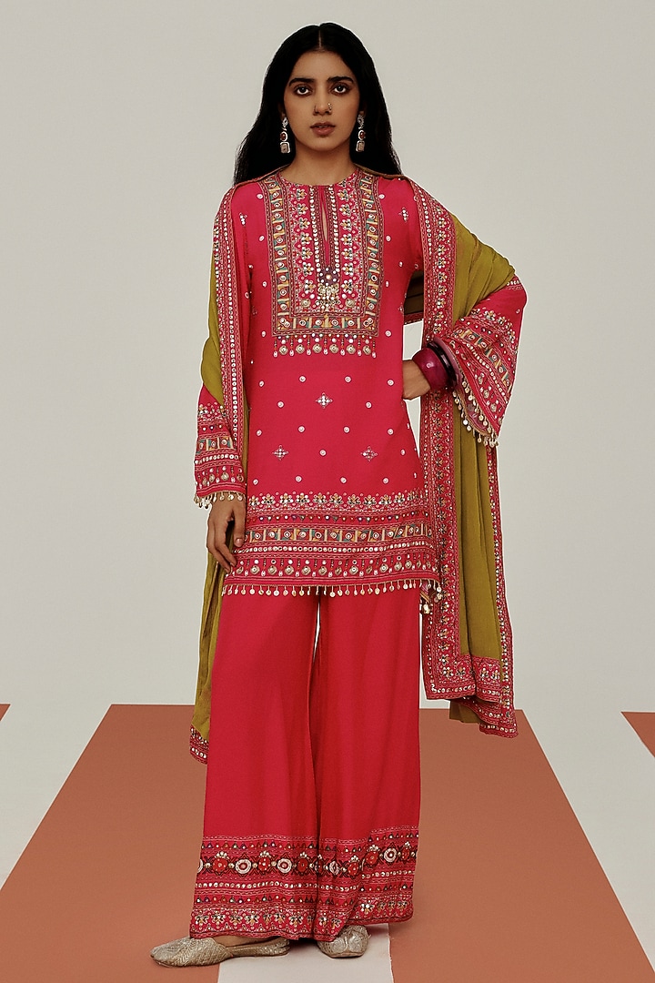Pink Muslin Mirror Embroidered Party Wear Sharara Set by Basanti - Kapde aur Koffee at Pernia's Pop Up Shop