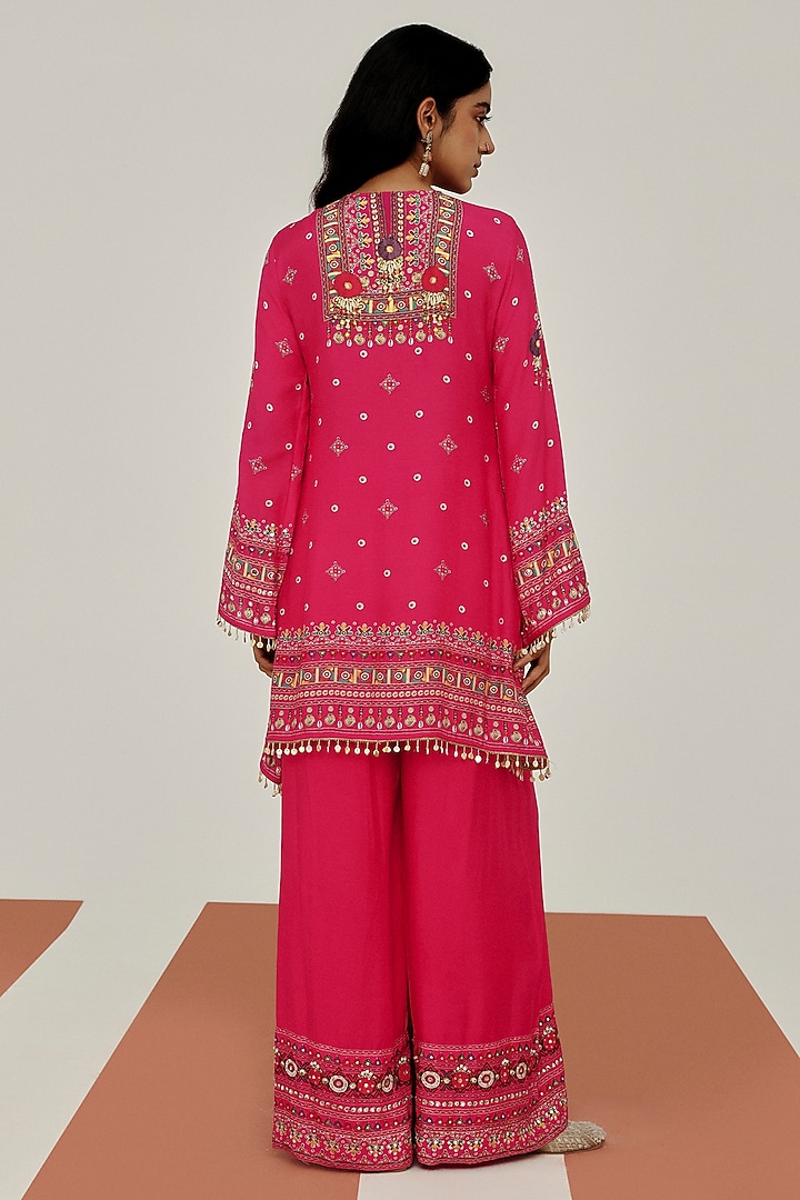 Pink Muslin Mirror Embroidered Party Wear Sharara Set by Basanti - Kapde aur Koffee at Pernia's Pop Up Shop
