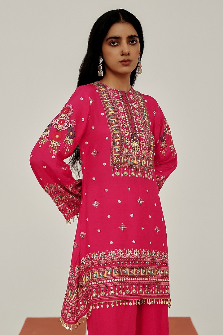 Pink Muslin Mirror Embroidered Party Wear Sharara Set by Basanti - Kapde aur Koffee at Pernia's Pop Up Shop