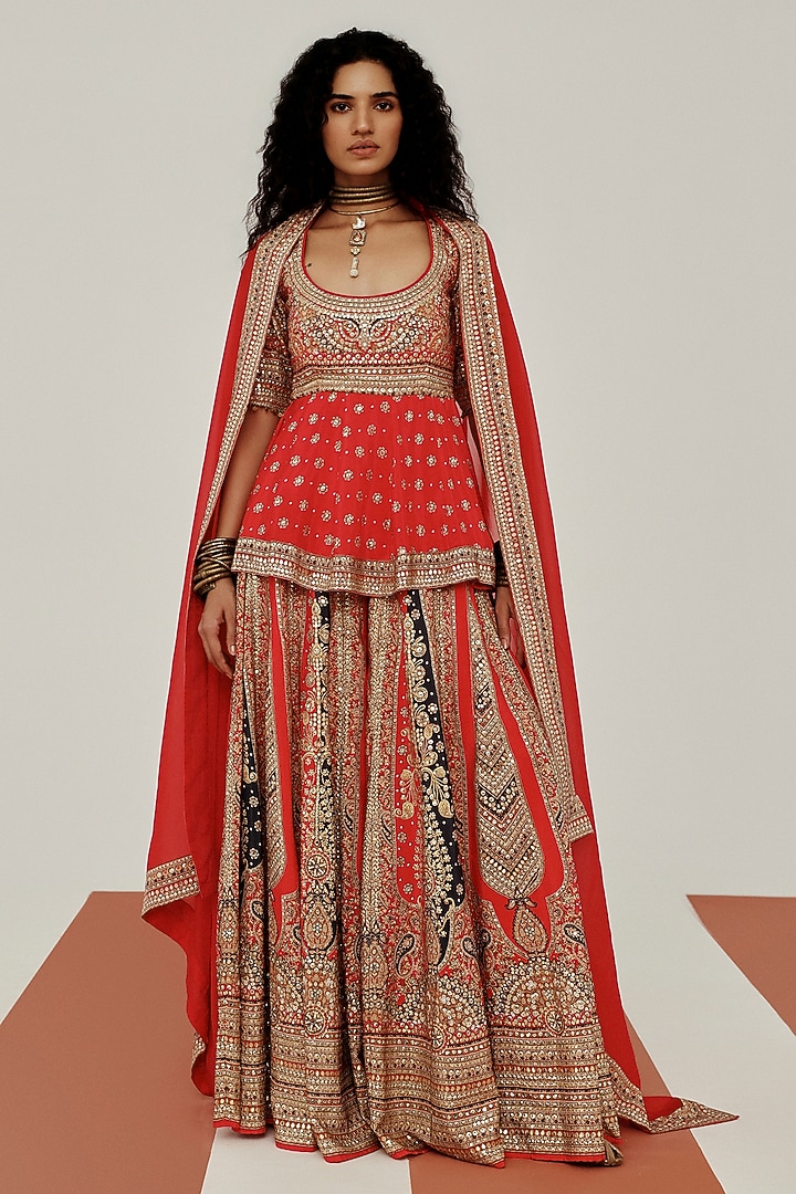 Red Crepe Coin Lace Embroidered Party Wear Sharara Set by Basanti - Kapde aur Koffee at Pernia's Pop Up Shop