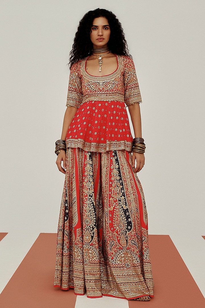 Red Crepe Coin Lace Embroidered Party Wear Sharara Set by Basanti - Kapde aur Koffee at Pernia's Pop Up Shop