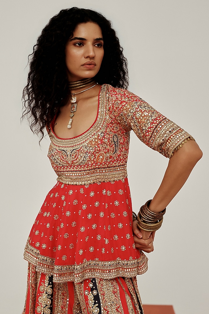 Red Crepe Coin Lace Embroidered Party Wear Sharara Set by Basanti - Kapde aur Koffee at Pernia's Pop Up Shop