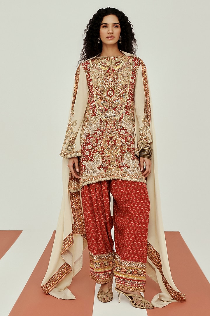 Ivory & Rust Crepe Coin Lace Embroidered Farshi Set by Basanti - Kapde aur Koffee at Pernia's Pop Up Shop