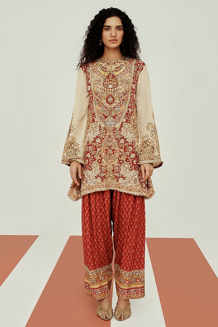 Ivory & Rust Crepe Coin Lace Embroidered Farshi Set by Basanti - Kapde aur Koffee at Pernia's Pop Up Shop