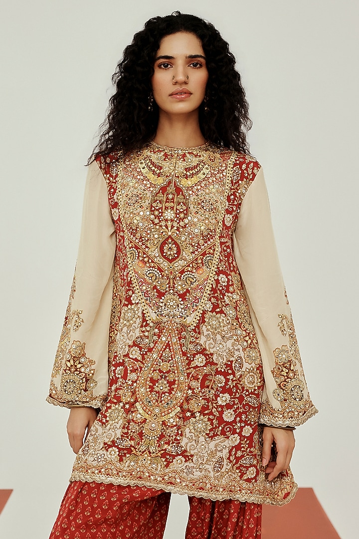 Ivory & Rust Crepe Coin Lace Embroidered Farshi Set by Basanti - Kapde aur Koffee at Pernia's Pop Up Shop