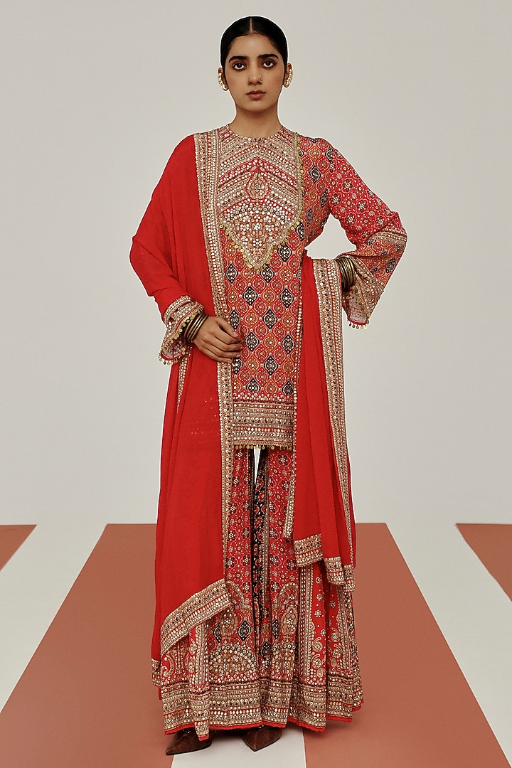 Red Crepe Coin Lace Embroidered Party Wear Sharara Set by Basanti - Kapde aur Koffee at Pernia's Pop Up Shop