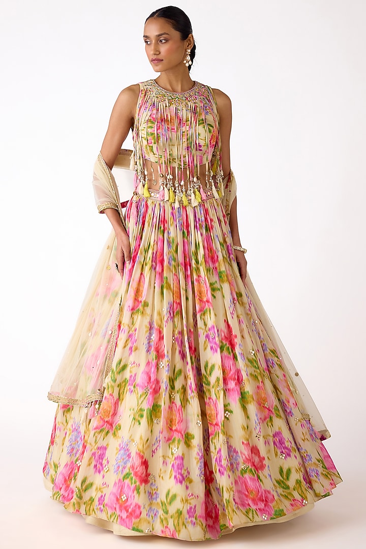 Ivory Chinon Thread & Mirror Embroidered Wedding Lehenga Set by Basanti - Kapde aur Koffee at Pernia's Pop Up Shop