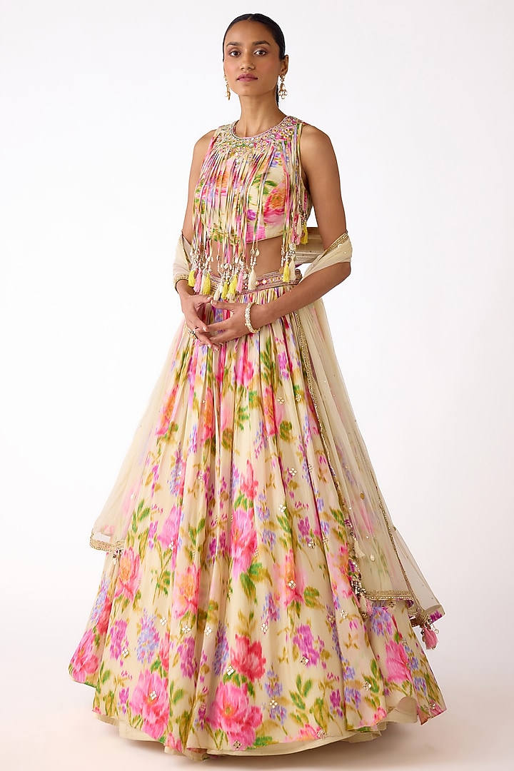 Ivory Chinon Thread & Mirror Embroidered Wedding Lehenga Set by Basanti - Kapde aur Koffee at Pernia's Pop Up Shop