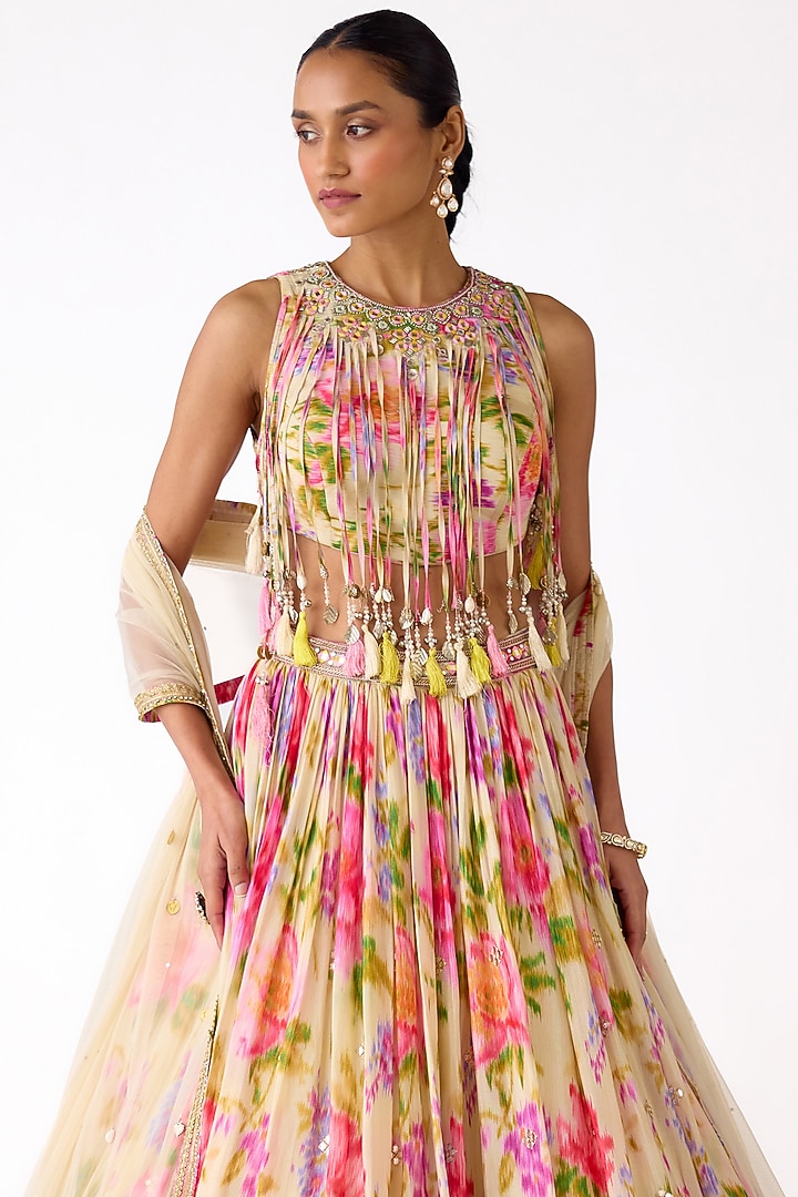 Ivory Chinon Thread & Mirror Embroidered Wedding Lehenga Set by Basanti - Kapde aur Koffee at Pernia's Pop Up Shop