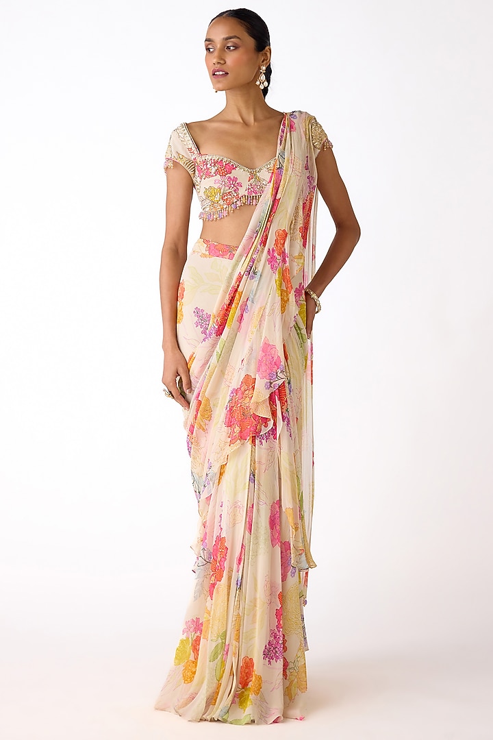 Ivory Georgette Sequin Embroidered Draped Party Wear Saree Set by Basanti - Kapde aur Koffee at Pernia's Pop Up Shop