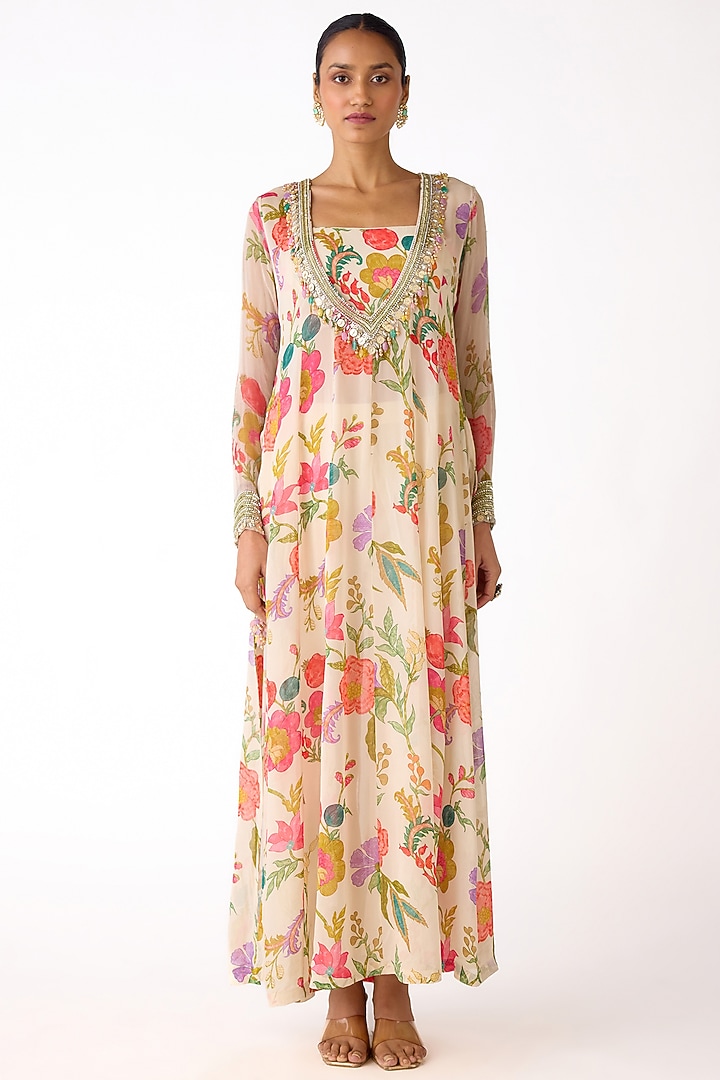 Ivory Georgette Sequin & Mirror Embroidered Party Wear Anarkali Set by Basanti - Kapde aur Koffee at Pernia's Pop Up Shop