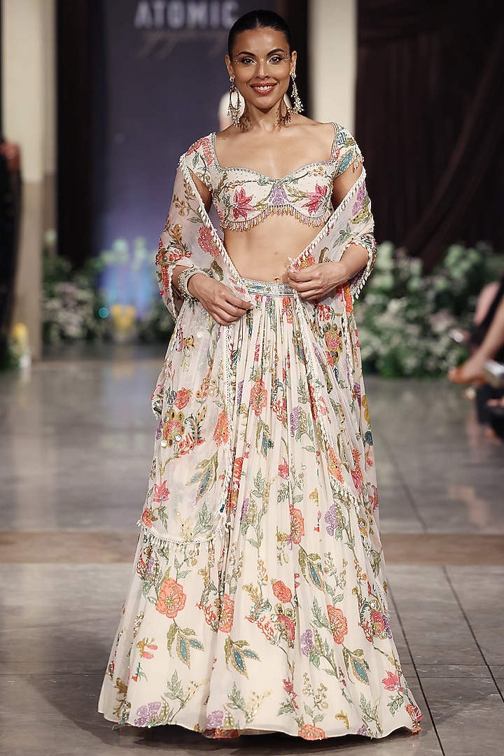 Ivory Georgette Sequin & Mirror Embroidered Wedding Lehenga Set by Basanti - Kapde aur Koffee at Pernia's Pop Up Shop