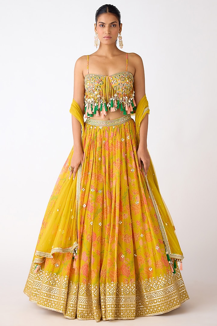 Yellow Organza Mirror & Thread Embroidered Wedding Lehenga Set by Basanti - Kapde aur Koffee at Pernia's Pop Up Shop