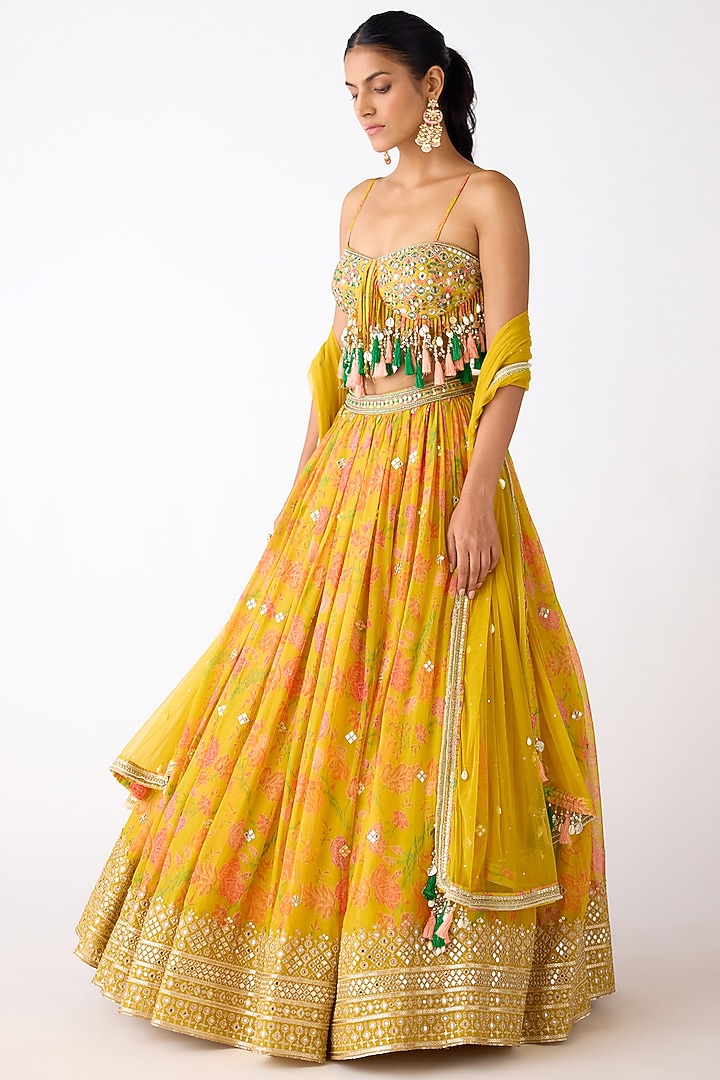Yellow Organza Mirror & Thread Embroidered Wedding Lehenga Set by Basanti - Kapde aur Koffee at Pernia's Pop Up Shop
