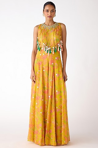 Yellow Organza Mirror & Shell Embroidered Jumpsuit by Basanti - Kapde aur Koffee