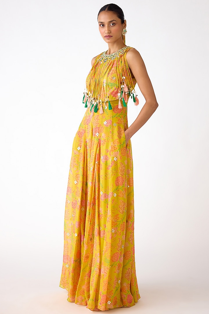 Yellow Organza Mirror & Shell Embroidered Jumpsuit by Basanti - Kapde aur Koffee at Pernia's Pop Up Shop