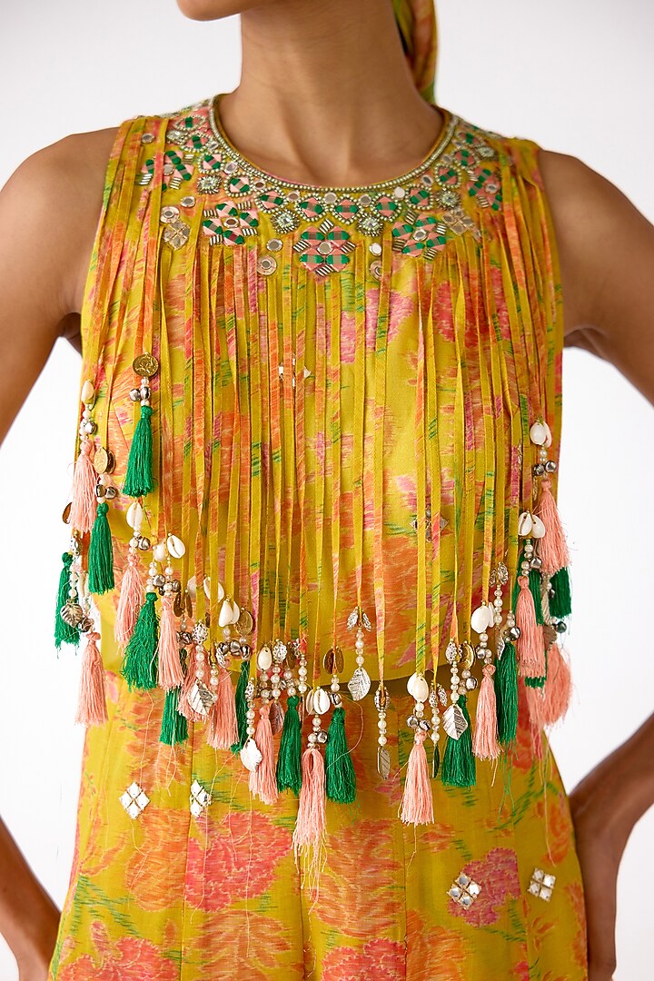 Yellow Organza Mirror & Shell Embroidered Jumpsuit by Basanti - Kapde aur Koffee at Pernia's Pop Up Shop