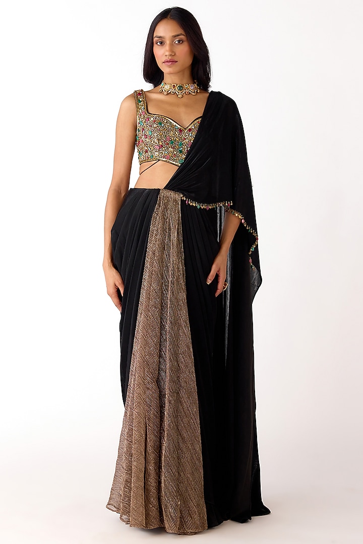 Black Lycra Draped Party Wear Saree Set by Basanti - Kapde aur Koffee at Pernia's Pop Up Shop