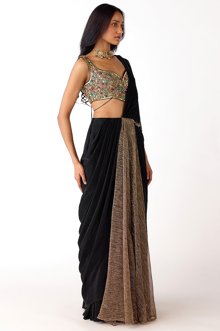 Black Lycra Draped Party Wear Saree Set by Basanti - Kapde aur Koffee at Pernia's Pop Up Shop
