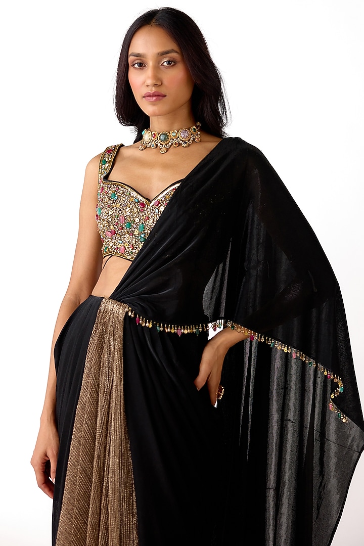 Black Lycra Draped Party Wear Saree Set by Basanti - Kapde aur Koffee at Pernia's Pop Up Shop