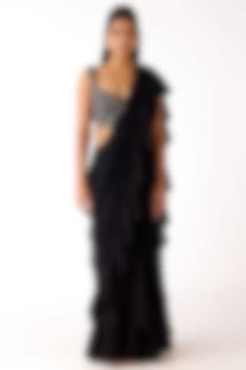 Black Lycra Embroidered Draped Party Wear Saree Set by Basanti - Kapde aur Koffee at Pernia's Pop Up Shop
