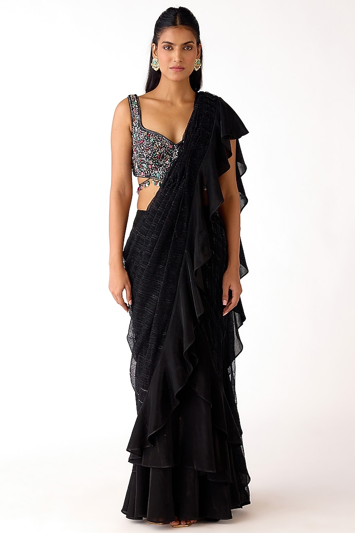 Black Lycra Embroidered Draped Party Wear Saree Set by Basanti - Kapde aur Koffee at Pernia's Pop Up Shop