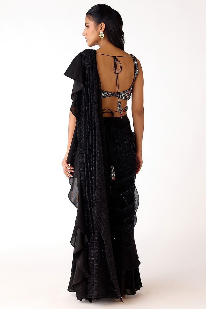 Black Lycra Embroidered Draped Party Wear Saree Set by Basanti - Kapde aur Koffee at Pernia's Pop Up Shop