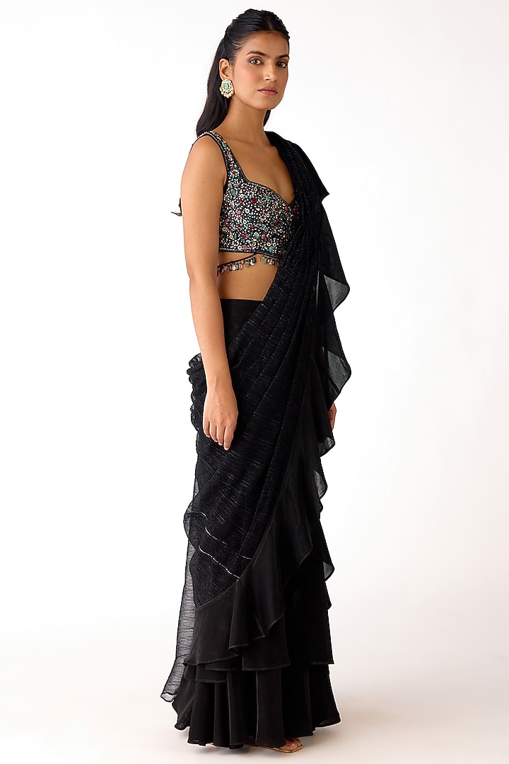 Black Lycra Embroidered Draped Party Wear Saree Set by Basanti - Kapde aur Koffee at Pernia's Pop Up Shop