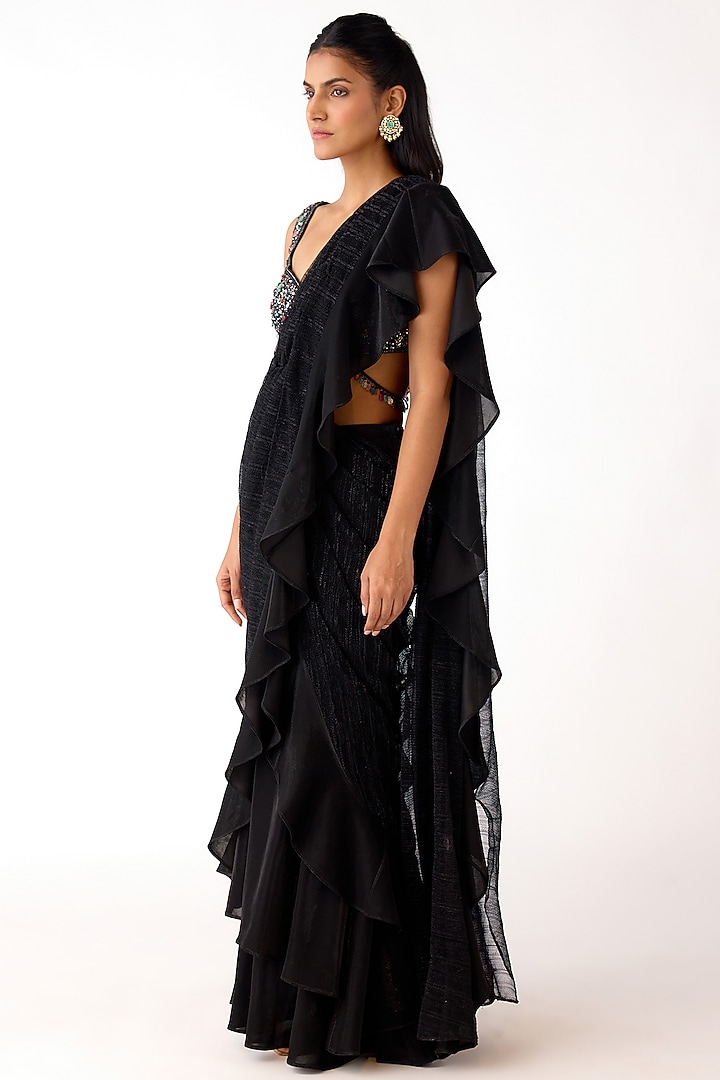 Black Lycra Embroidered Draped Party Wear Saree Set by Basanti - Kapde aur Koffee at Pernia's Pop Up Shop