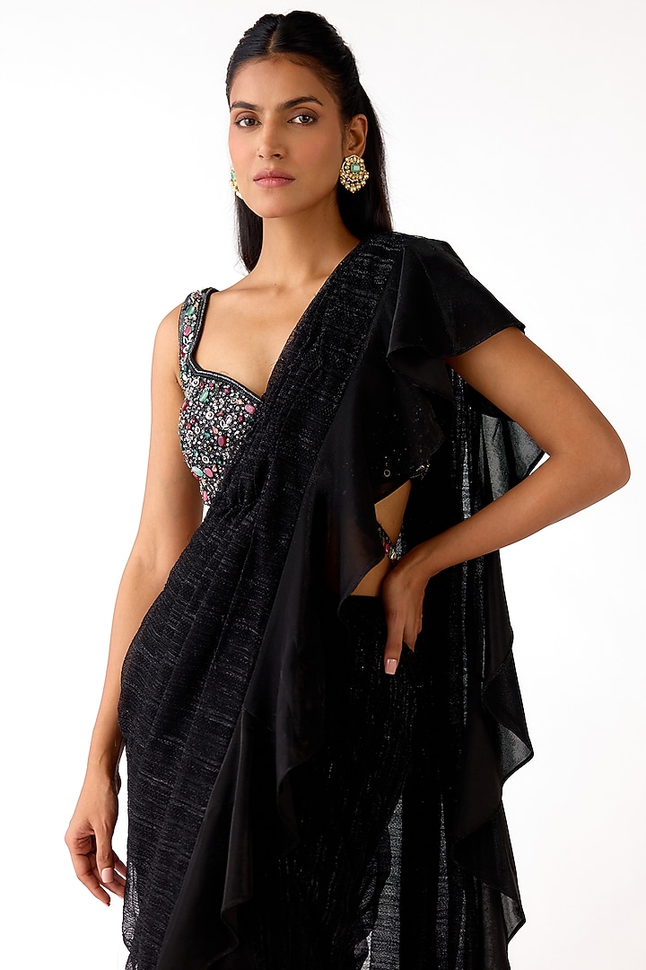 Black Lycra Embroidered Draped Party Wear Saree Set by Basanti - Kapde aur Koffee at Pernia's Pop Up Shop