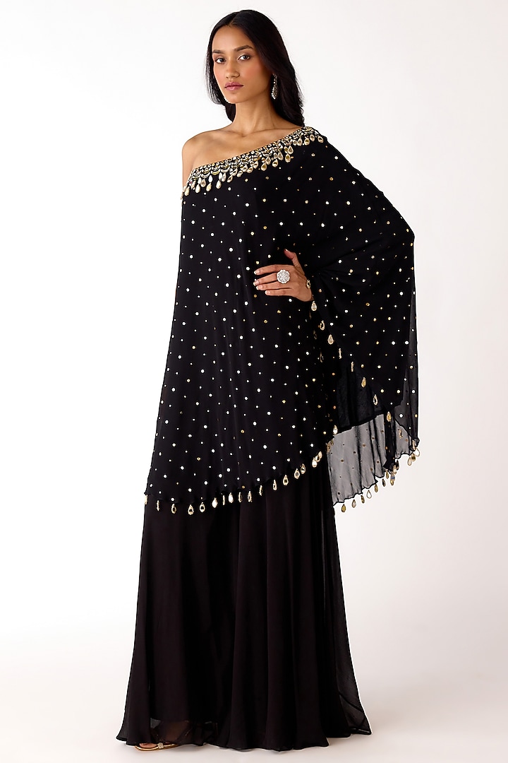 Black Mukaish Georgette Mirror Embroidered Cape Set by Basanti - Kapde aur Koffee at Pernia's Pop Up Shop
