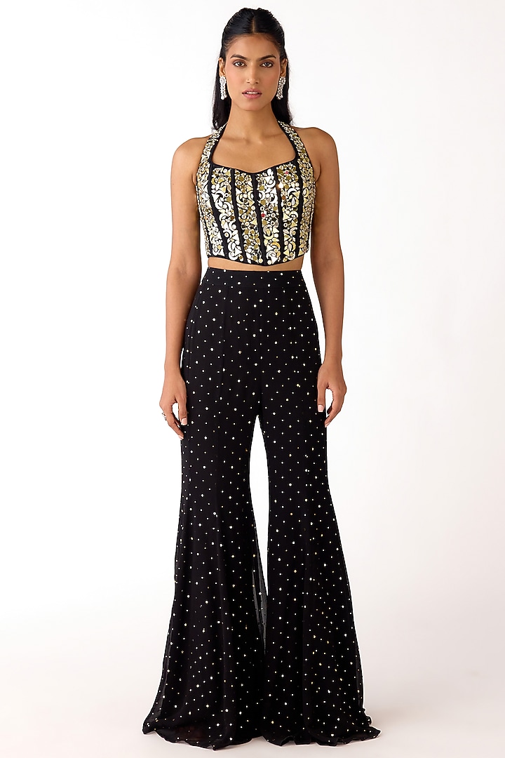 Black Mukaish Georgette Mirror Embroidered Party Wear Sharara Set by Basanti - Kapde aur Koffee at Pernia's Pop Up Shop