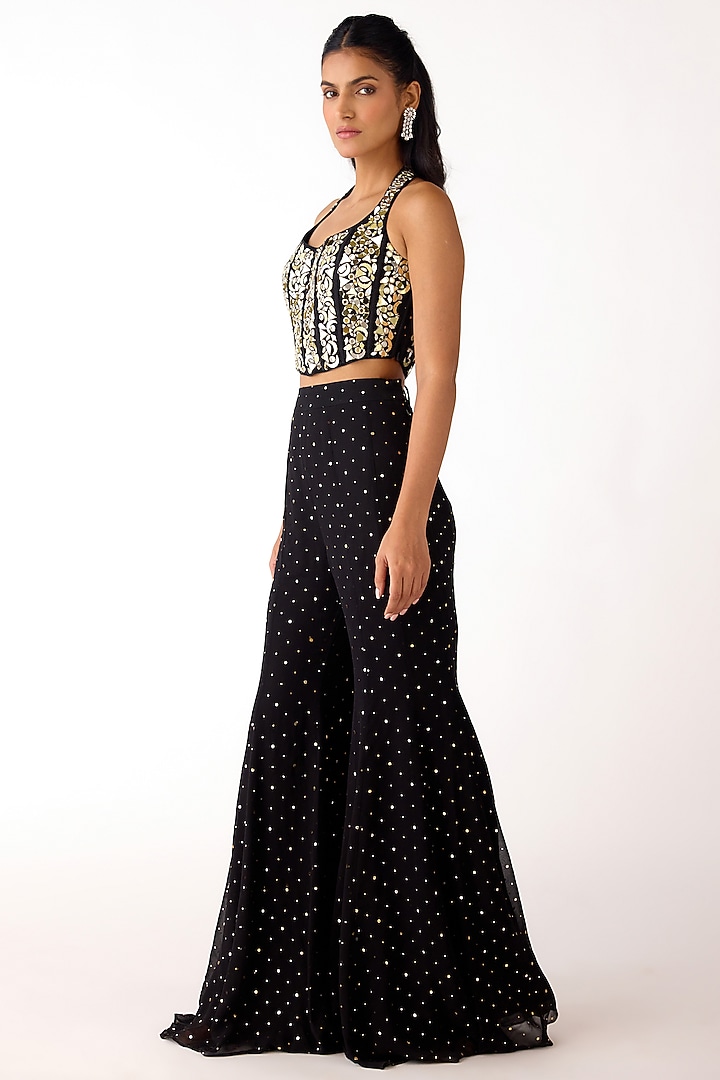 Black Mukaish Georgette Mirror Embroidered Party Wear Sharara Set by Basanti - Kapde aur Koffee at Pernia's Pop Up Shop