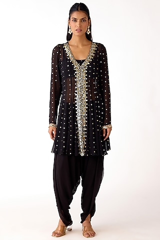 Black Mukaish Georgette Mirror Embroidered Kurta Set by Basanti - Kapde aur Koffee