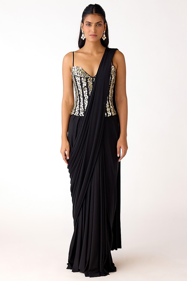 Black Lycra Draped Wedding Saree Set by Basanti - Kapde aur Koffee at Pernia's Pop Up Shop