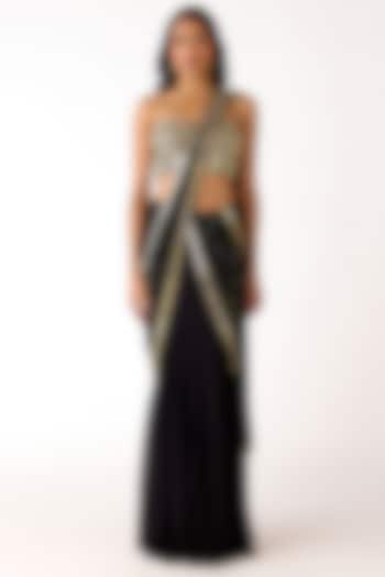 Black Mukaish Georgette Mirror Embroidered Draped Wedding Saree Set by Basanti - Kapde aur Koffee at Pernia's Pop Up Shop