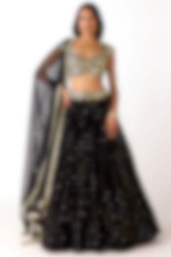 Black Mukaish Georgette Mirror Embroidered Wedding Lehenga Set by Basanti - Kapde aur Koffee at Pernia's Pop Up Shop