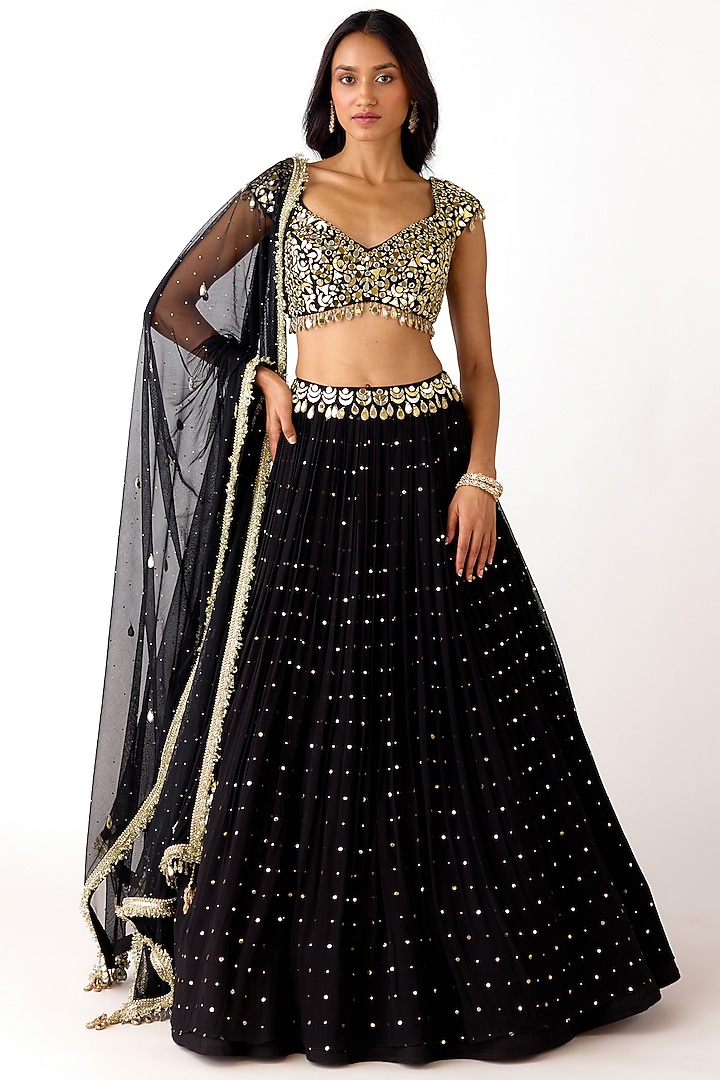 Black Mukaish Georgette Mirror Embroidered Wedding Lehenga Set by Basanti - Kapde aur Koffee at Pernia's Pop Up Shop