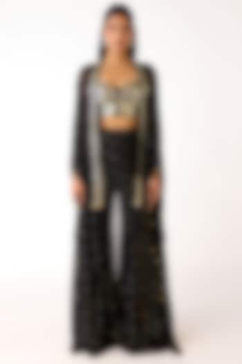 Black Mukaish Georgette Mirror Embroidered Party Wear Sharara Set by Basanti - Kapde aur Koffee at Pernia's Pop Up Shop