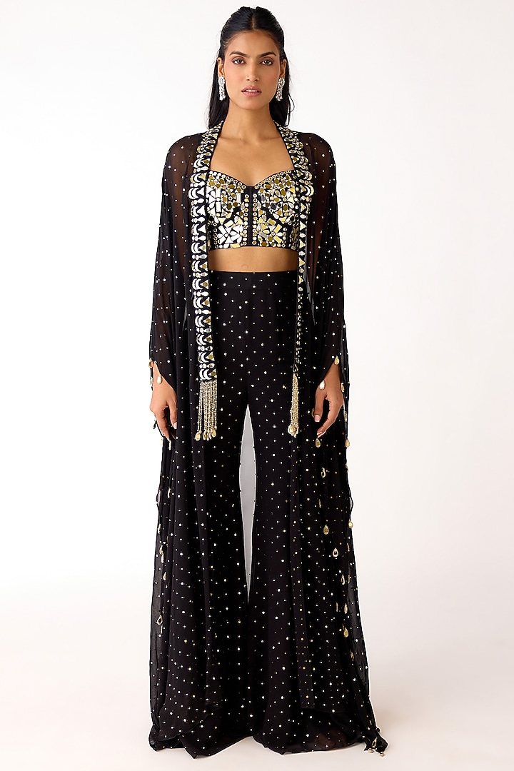 Black Mukaish Georgette Mirror Embroidered Party Wear Sharara Set by Basanti - Kapde aur Koffee at Pernia's Pop Up Shop