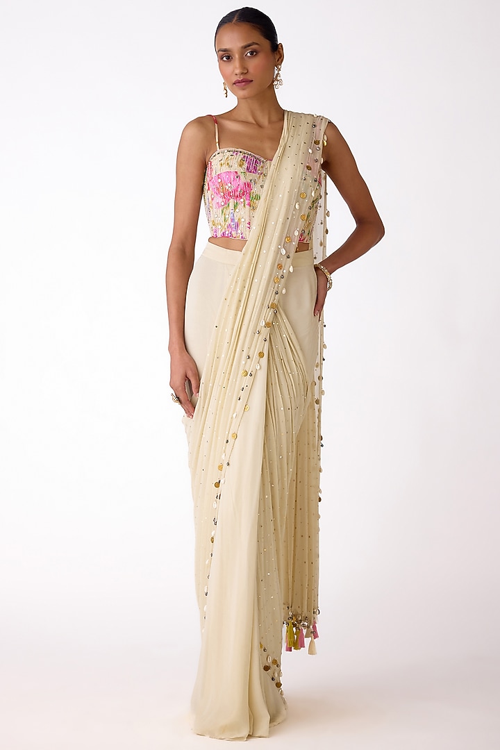 White Chiffon Embroidered Party Wear Saree Set by Basanti - Kapde aur Koffee at Pernia's Pop Up Shop