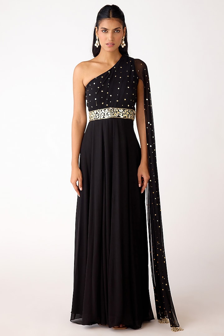 Black Mukaish Georgette Mirror Embroidered Jumpsuit by Basanti - Kapde aur Koffee at Pernia's Pop Up Shop